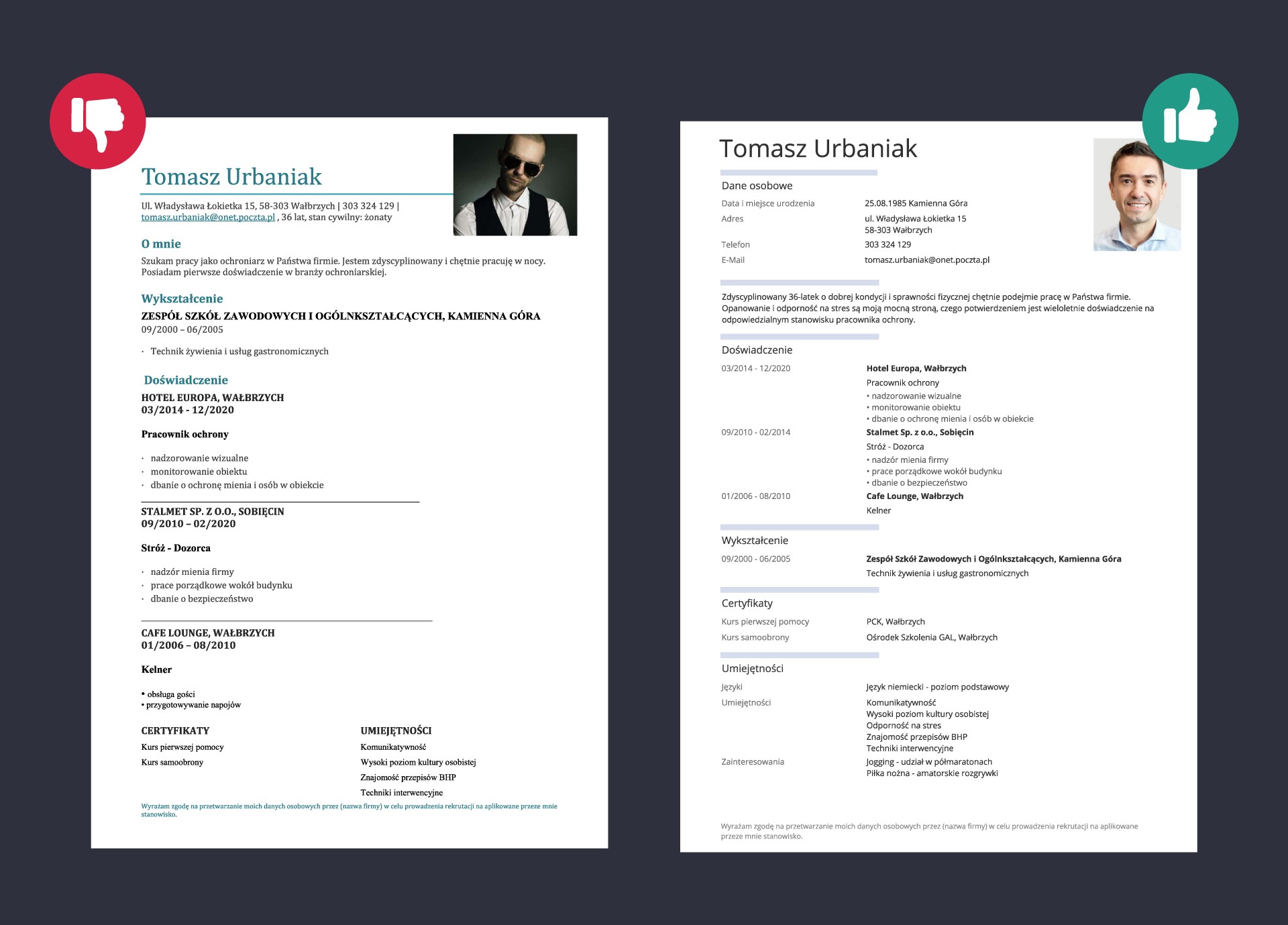 Zły i dobry przykład CV ochroniarz