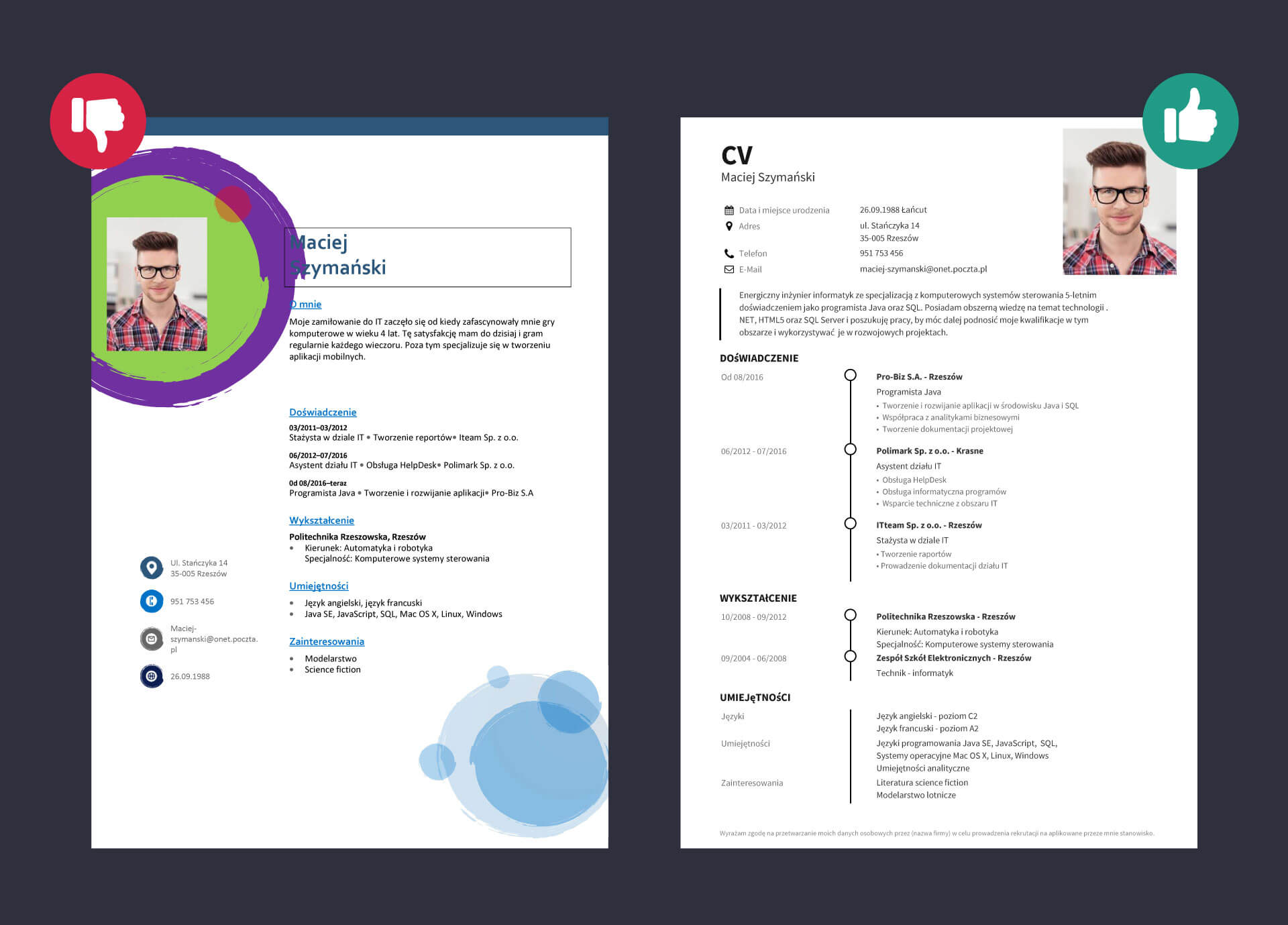 Zły i dobry przykład CV programisty