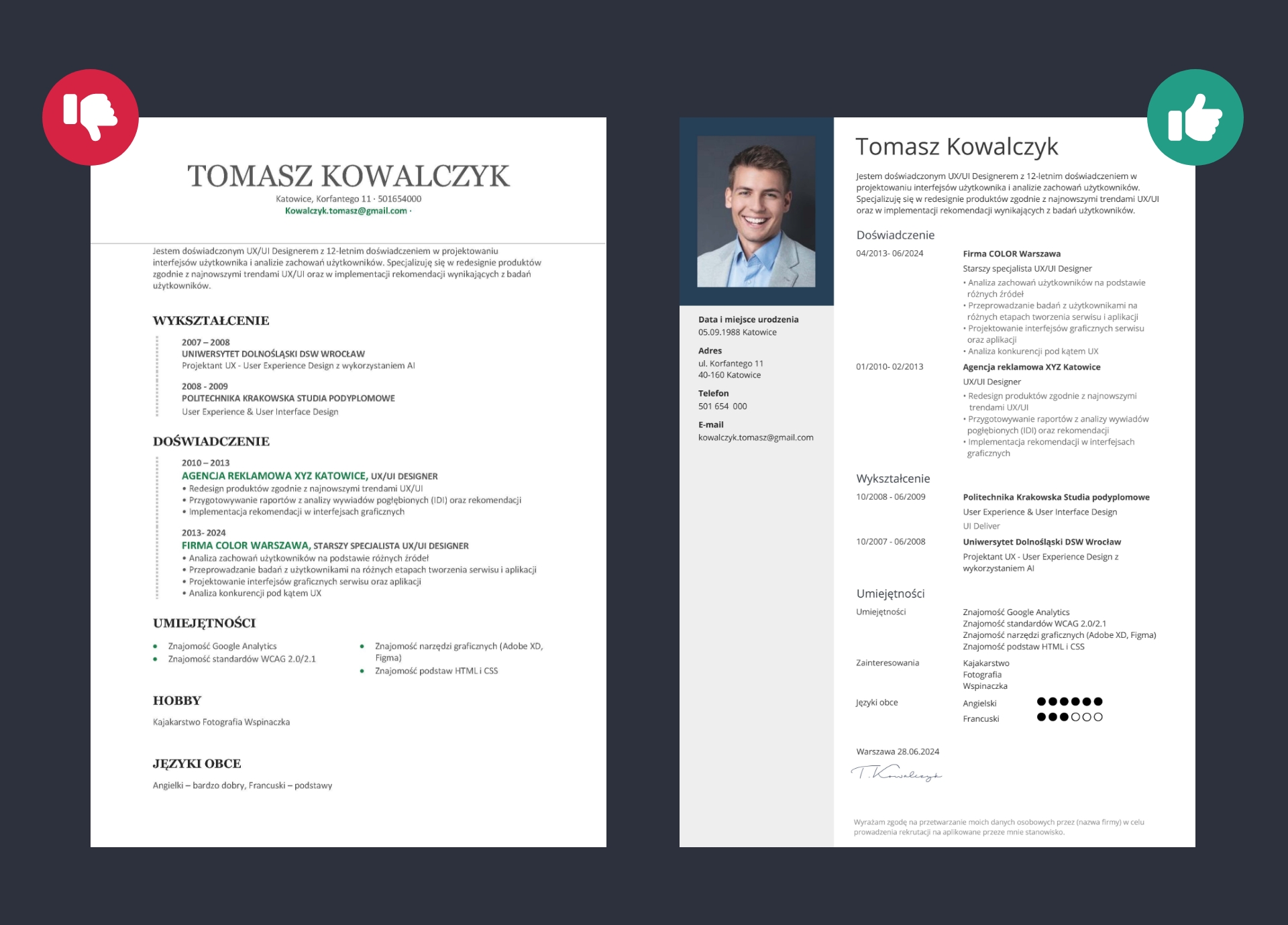 Zły i dobry przykład CV UX designer