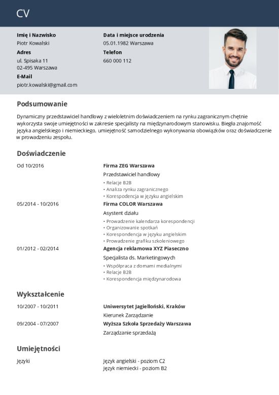 Szablon CV w odcieniu niebieskim